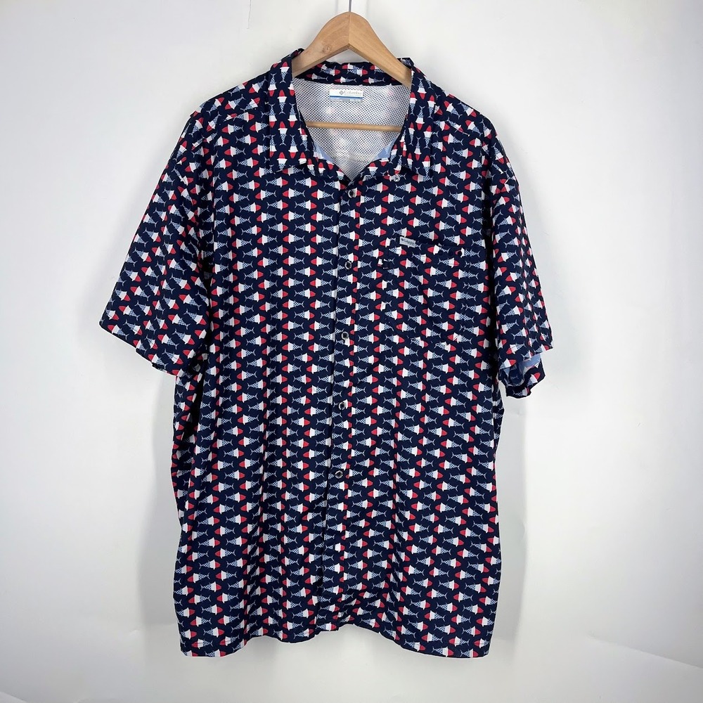Columbia Mens XXL Short Sleeve Patriotic Fish Print Button Up Shirt FM1039 Navy